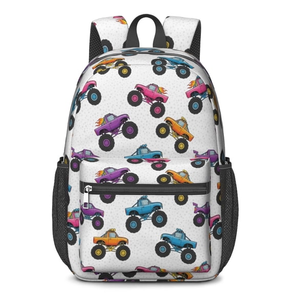 Monster Cartoon Truck White Pattern 17" School Backpacks for Teens,Waterproof Oxford Fabric,S-Shape Padded Straps for School,Travel,Hiking,Camping