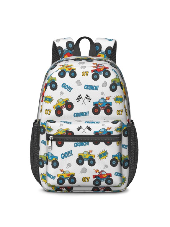 Monster Cartoon Truck White Pattern 17" School Backpacks for Teens,Waterproof Oxford Fabric,S-Shape Padded Straps for School,Travel,Hiking,Camping