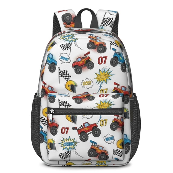 Monster Cartoon Truck White Pattern 17" Waterproof Oxford School Backpacks for Teens, S-Shape Padded Straps, for School, Travel, Hiking, Camping