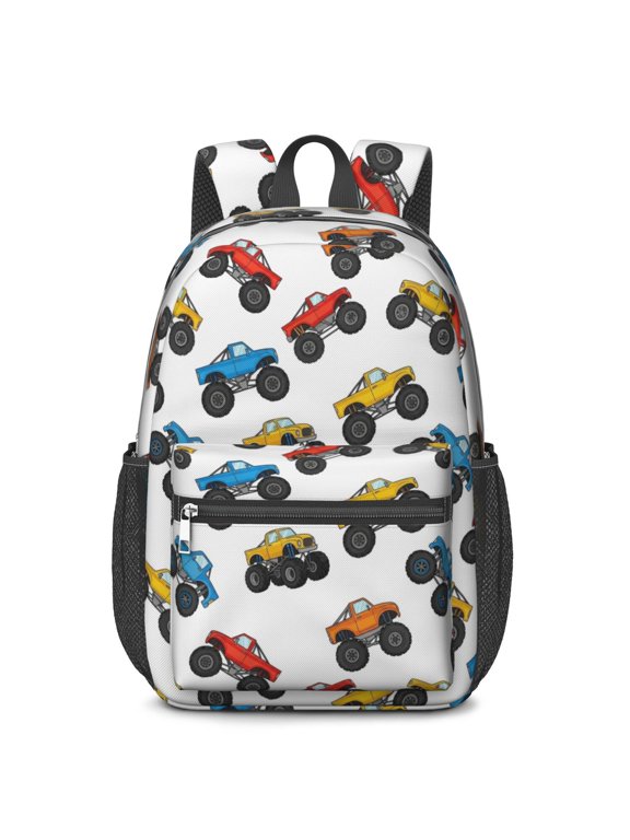 Monster Cartoon Truck White Pattern 17" Waterproof Oxford School Backpacks for Teens, S-Shape Padded Straps, for School, Travel, Hiking, Camping