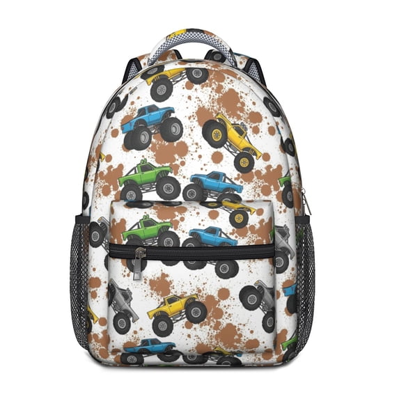 Monster Cartoon Truck White Pattern Backpack for School, Cute School Bag with Adjustable Shoulder Straps and Padded Back, 15.3"x11"x6.7"