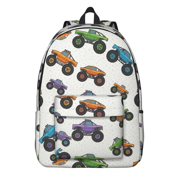 Monster Cartoon Truck White Pattern Backpack for School, Cute School Bag with Adjustable Shoulder Straps and Padded Back, 15.7"x11.8"x5.5"