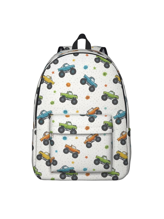 Monster Cartoon Truck White Pattern Backpack for School, Cute School Bag with Adjustable Shoulder Straps and Padded Back, 15.7"x11.8"x5.5"