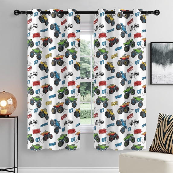 Monster Cartoon Truck White Pattern Blackout Curtains,Triple Weaved Fabric,Thermal Insulated,Room Darkening,Grommet Top,2 Panels,42x84in(107x213cm)
