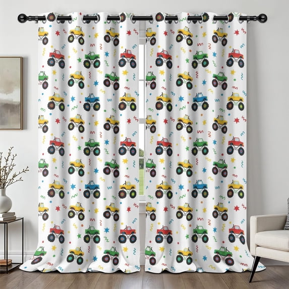 Monster Cartoon Truck White Pattern Blackout Curtains,Triple Weaved Fabric,Thermal Insulated,Room Darkening,Grommet Top,2 Panels,52x108in(132x274cm)