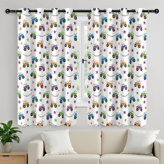 Monster Cartoon Truck White Pattern Blackout Curtains,Triple Weaved Fabric,Thermal Insulated,Room Darkening,Grommet Top,2 Panels,52x72in(132x183cm)