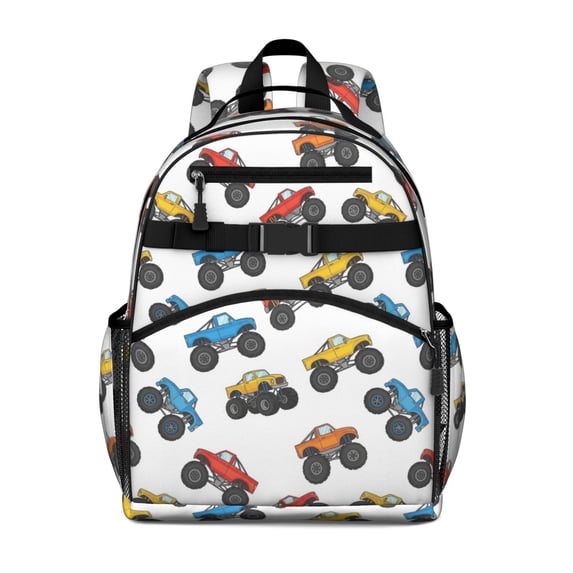 Monster Cartoon Truck White Pattern Cute School Backpack Bag for School with Padded Back and Adjustable Shoulder Straps 15.25"x11.5"x5.25"
