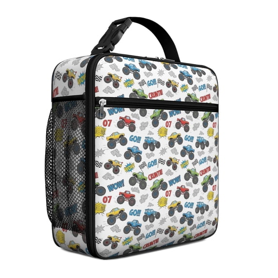 Monster Cartoon Truck White Pattern Mini Insulated Lunch Bag, School ...
