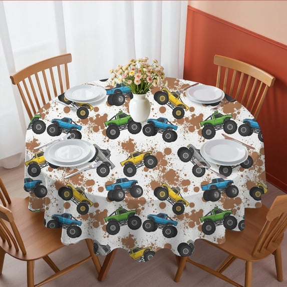 Monster Cartoon Truck White Pattern Round Tablecloth 60"x60", Wrinkle Resistant Wipeable Table Cover for Kitchen Dining Room Picnic Patio and Party