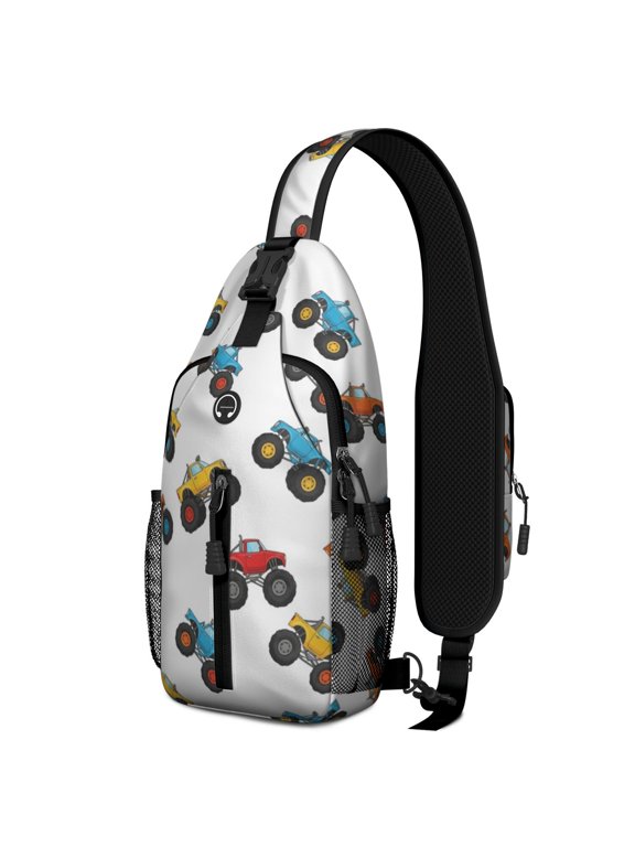 Monster Cartoon Truck White Pattern Sling Backpack, Travel Shoulder Pack with Earphone Port, Adjustable Strap Gift Ideas for Travel Shopping