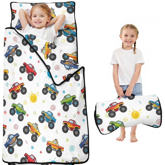Monster Cartoon Truck White Pattern Teens Toddler Nap Mat with Pillow, Sleeping Mat Bag for Preschool Daycare 51"x22"