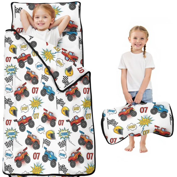 Monster Cartoon Truck White Pattern Teens Toddler Nap Mat with Pillow, Sleeping Mat Bag for Preschool Daycare 51"x22"