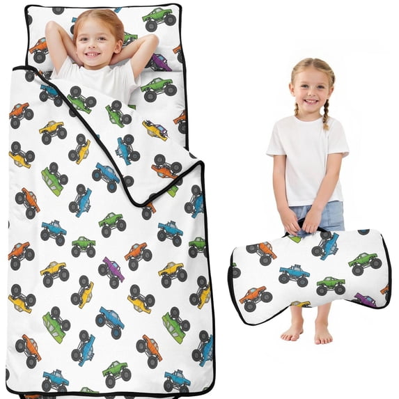Monster Cartoon Truck White Pattern Teens Toddler Nap Mat with Pillow, Sleeping Mat Bag for Preschool Daycare 51"x22"