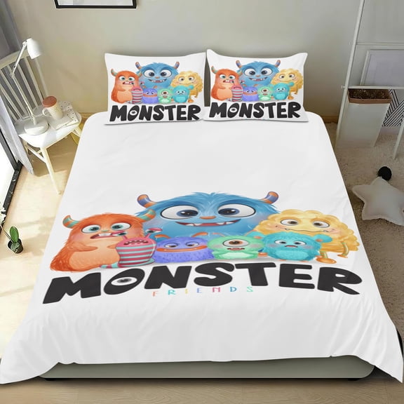 Monster Characters cotton bedding set, three pieces, soft and skin-friendly, distinctive design, fade-resistant print, breathable weave, 68x86 in (173*218 cm).
