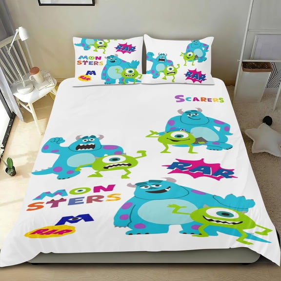 Monster Characters themed sheet set, three-piece, plush，standout design, machine-washable, great gifts for family, friends, fans, 68x86 in (173*218 cm).