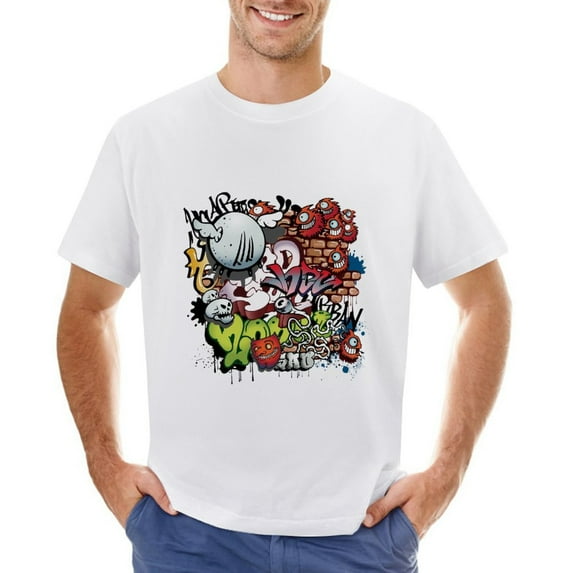 Monster Colorful Cartoon Vintage T-shirt Mens Cotton Classic Crewneck Short Sleeve Tees Unisex White 3XL