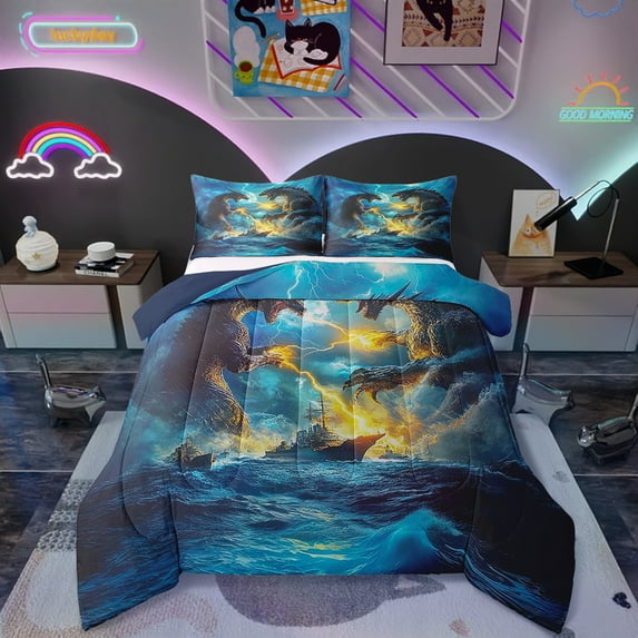 Monster Comforter Set Full Size, Dragon Bedding 3D Animal Monster Theme Bedding Sets Thunder Lightning Monster Bed Comforter Set Blue and Black Comforter 3 Pieces