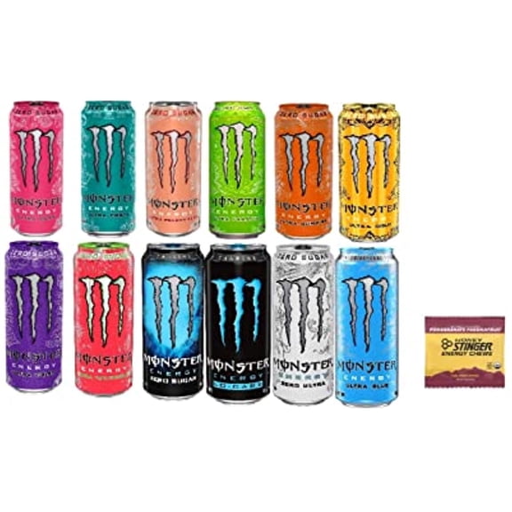 Monster Energy Drink Variety -Low Calorie Pack - 16 Ounce (Pack Of 12) + Stinger Energy Chews