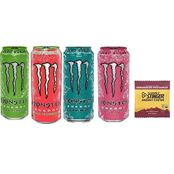 Monster Energy Drink Zero Ultra Variety - Paradise, Watermelon, Rosa, Fiesta 16 Ounce (Pack Of 16) And Stinger Pomegranate Passionfruit Chews