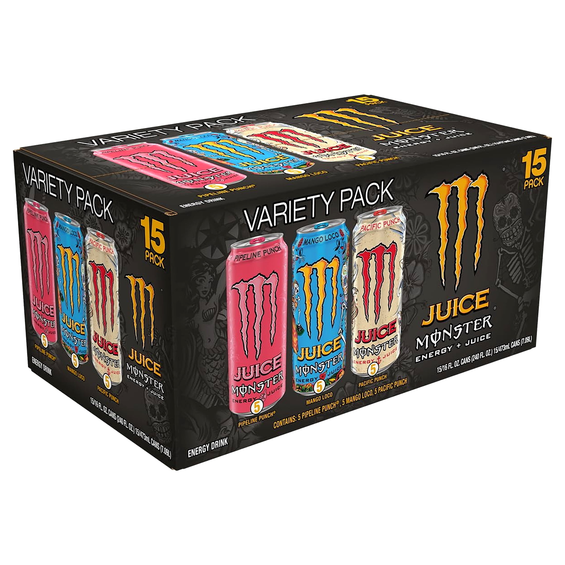 Monster Energy Juice Monster Variety Pack, Pipeline Punch, Mango Loco, Pacific Punch, Energy+Juice, Energy Drink, 16 Ounce (Pack of 15)