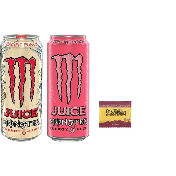 Monster Energy Juice Variety: Pacific Punch and Pipeline 16oz (Pack of 16) + Stinger Energy Chews (Assorted)