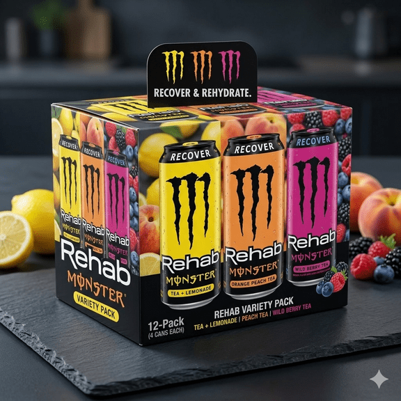Monster Energy Rehab Tea Variety Pack, 12Cans Tea + Lemonade, Peach Tea & Wild Berry Tea, 15.5 fl oz