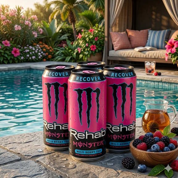 Monster Energy Rehab Wild Berry Tea + Tea Energy Drink, 15.5 fl oz Cans, Pack of 4