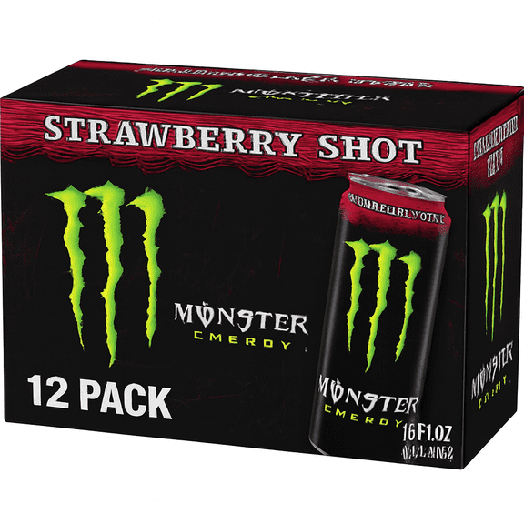 Monster Energy Strawberry Shot, Energy Drink, 16 fl oz Cans, 12 Pack