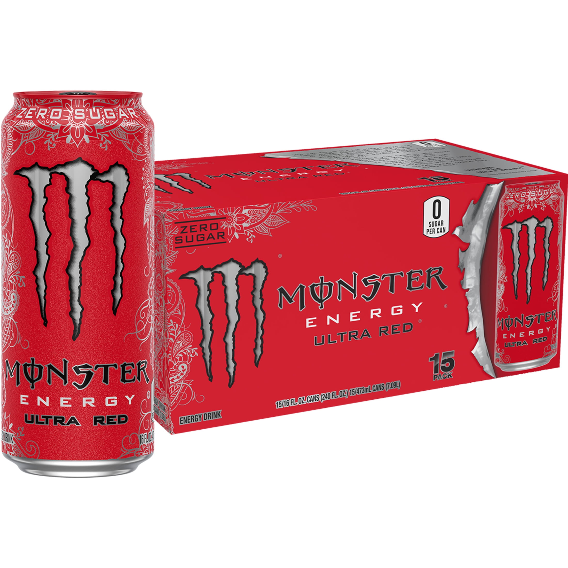 Monster Energy Ultra Red Energy Drink, Zero Sugar, 15-Pack, 16 Oz Cans
