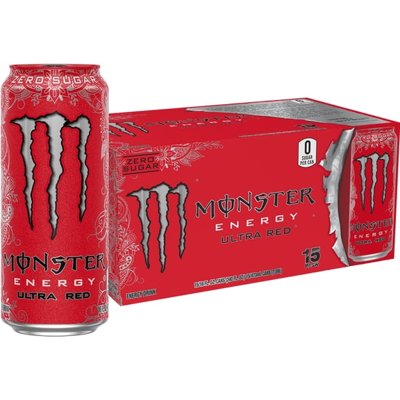 Monster Energy Ultra Red Energy Drink, Zero Sugar, 15-Pack, 16 Oz Cans
