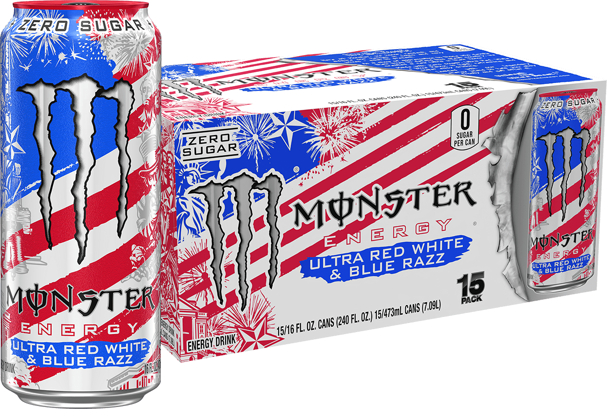 Monster Energy Ultra, Red White & Blue Razz, Sugar Free Energy Drink, 15 Pack - 16 Fl Oz