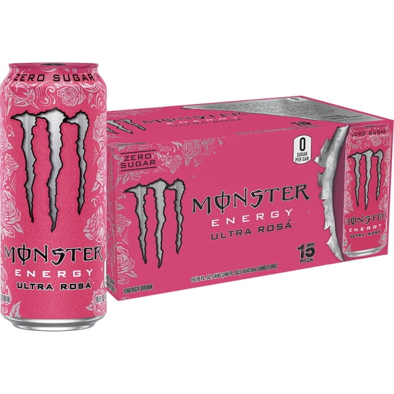 Monster Energy Ultra Rosa Energy Drink, Zero Sugar, 15-Pack, 16 Oz Cans