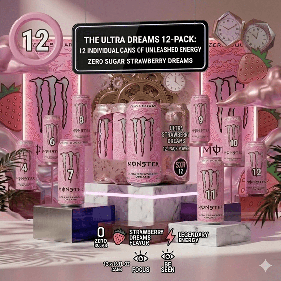 Monster Energy Ultra Strawberry Dreams, Sugar Free Energy Drink, 16 fl oz Cans, Pack of 12