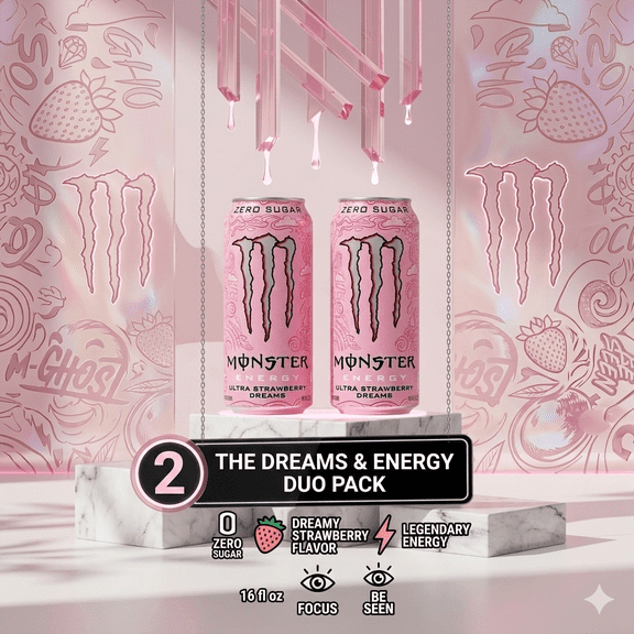 Monster Energy Ultra Strawberry Dreams, Sugar Free Energy Drink, 16 fl oz Cans, Pack of 2