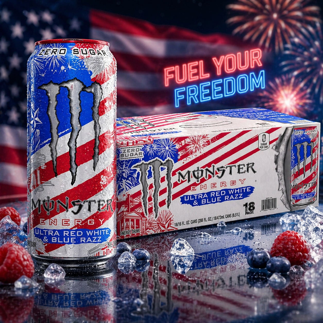 Monster Energy Ultra, Sugar Free Energy Drink, Red White & Blue Razz, 16 fl oz, 18 Pack