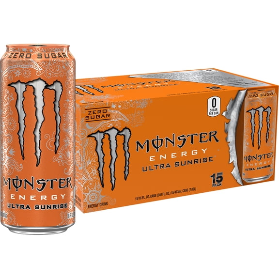 Monster Energy Ultra Sunrise Energy Drink, Zero Sugar, 15-Pack, 16 Oz Cans