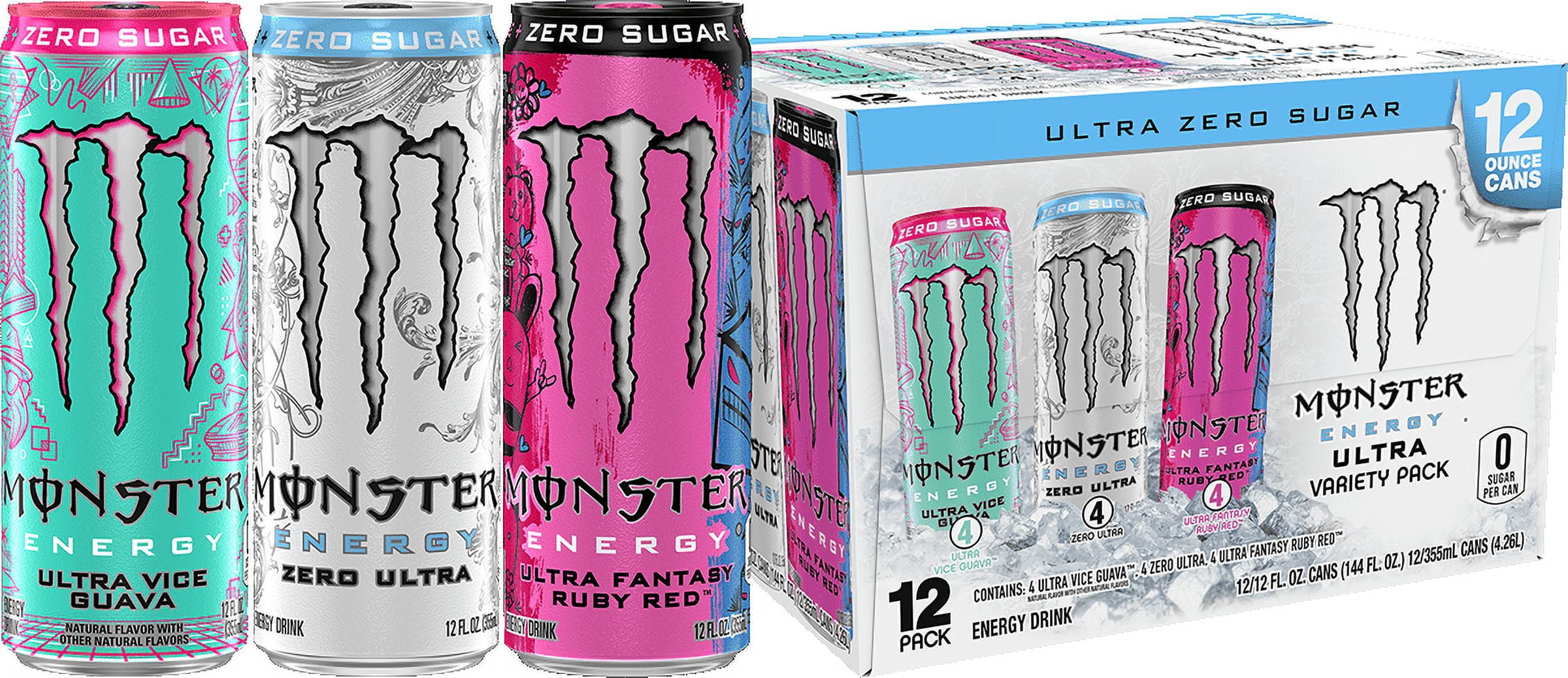 Monster Energy, Ultra VP, Zero Ultra, Ultra Ruby Red, Ultra Vice Guava, Energy Drink, 12 oz, 12 cans (Walmart Exclusive)