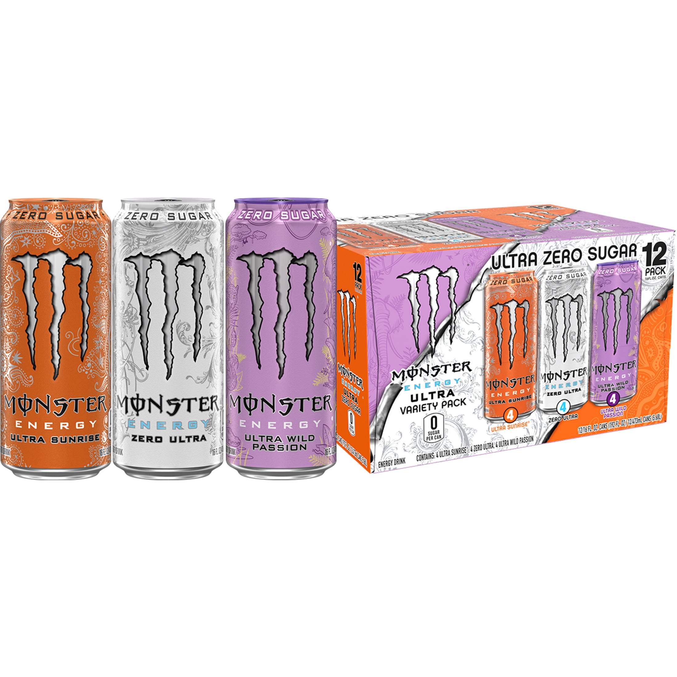 Monster Energy, Ultra Varitey pack, Zero Ultra, Ultra Sunrise, Ultra Wild Passion, 12 pack - 16 Fl Oz