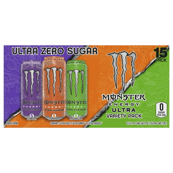 Monster Energy Zero Sugar Ultra Violet/Ultra Sunrise/Ultra Paradise Energy Drink Variety Pack 15 - 16 fl oz Cans