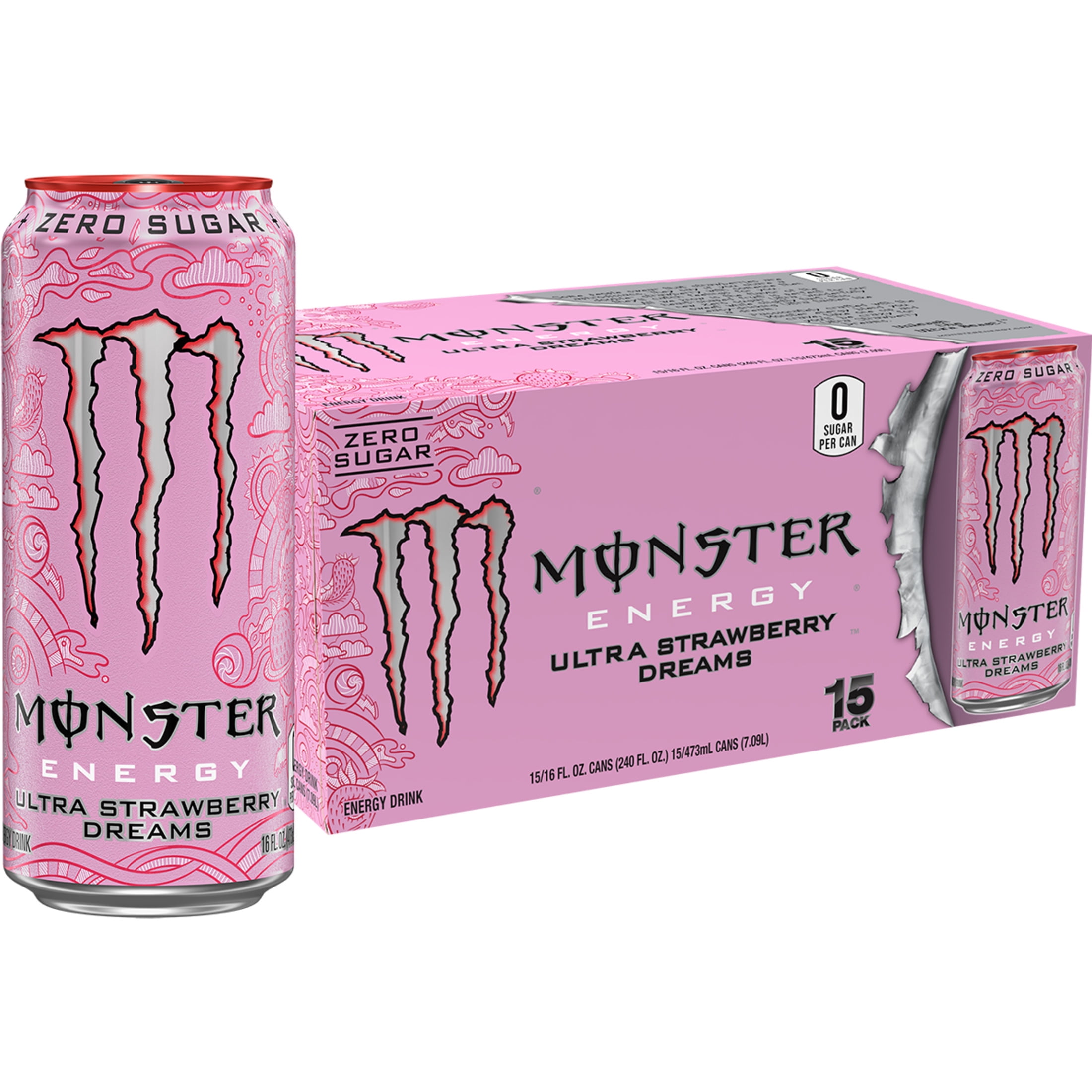 Monster Energy Ultra Strawberry Dreams Energy Drink, Zero Sugar, 15-Pack, 16 Oz Cans