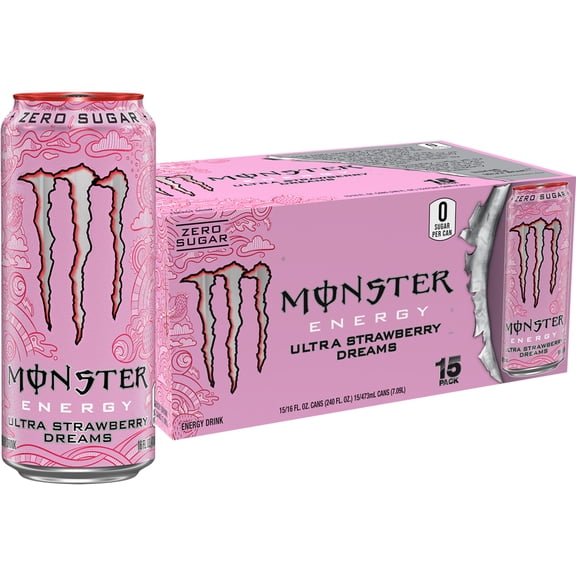 Monster Energy Ultra Strawberry Dreams Energy Drink, Zero Sugar, 15-Pack, 16 Oz Cans