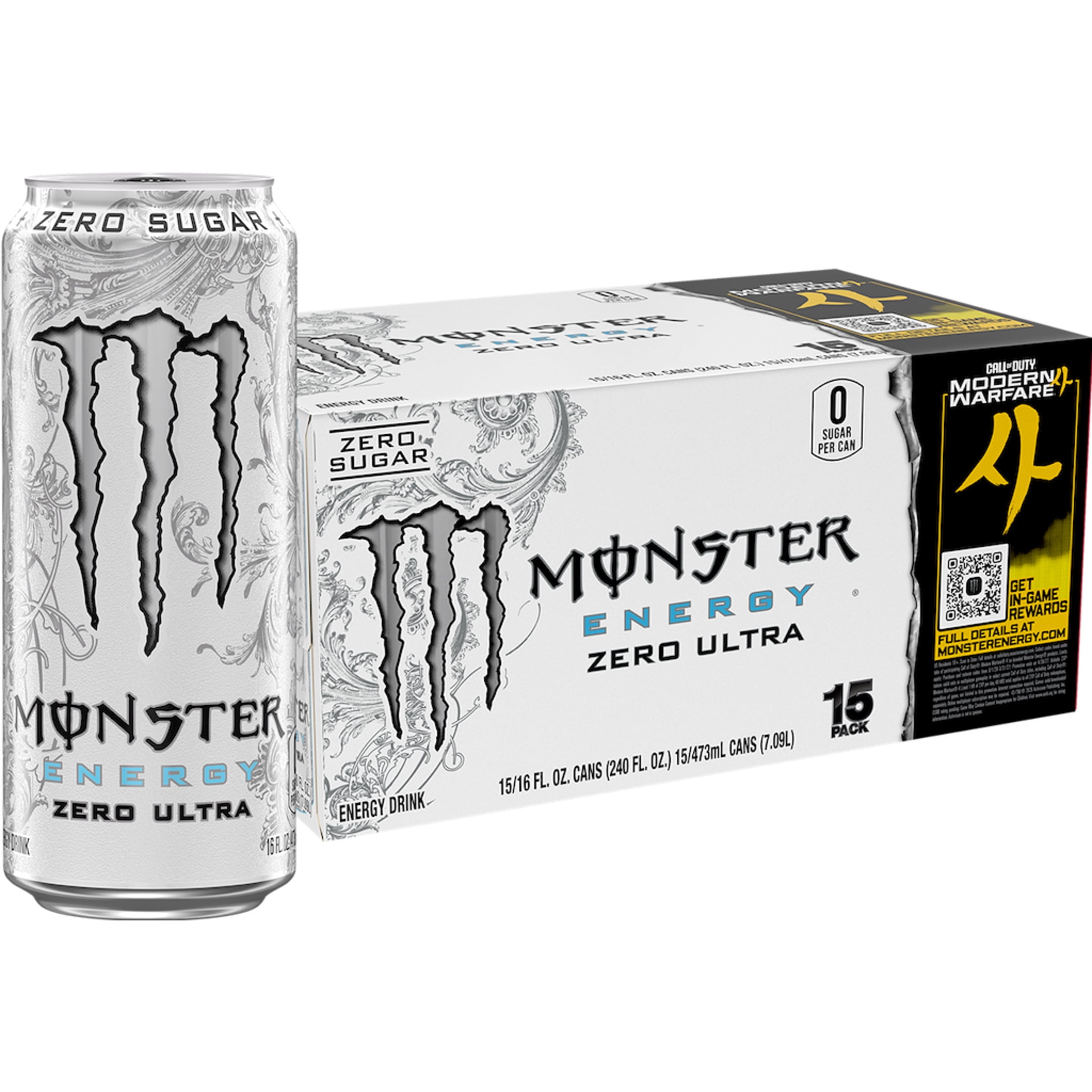 Monster Energy Zero Sugar Zero Ultra Energy Drink, 15 Pack, 16 fl