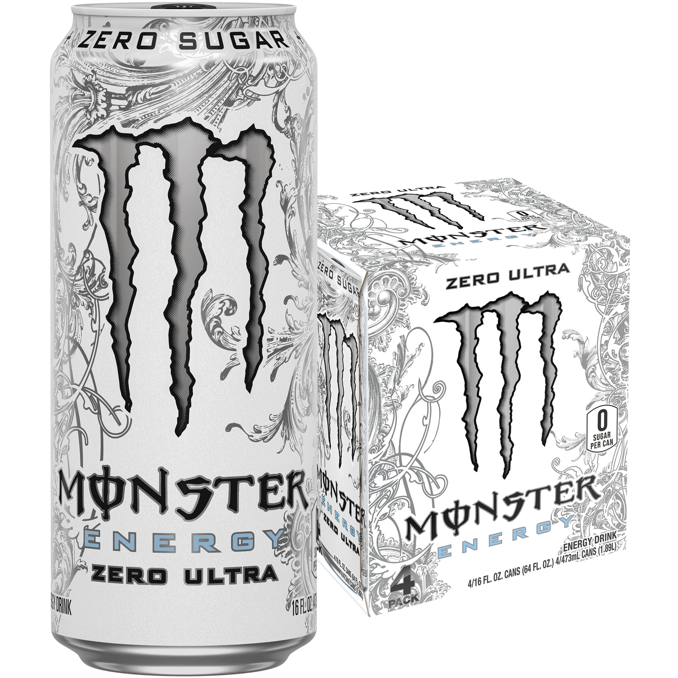 Monster Energy Zero Ultra Energy Drink 16 fl oz 4 Pack Taurine