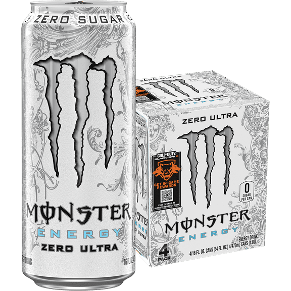 Monster Energy Zero Ultra, Sugar Free Energy Drink, 4 Count, 16 fl oz