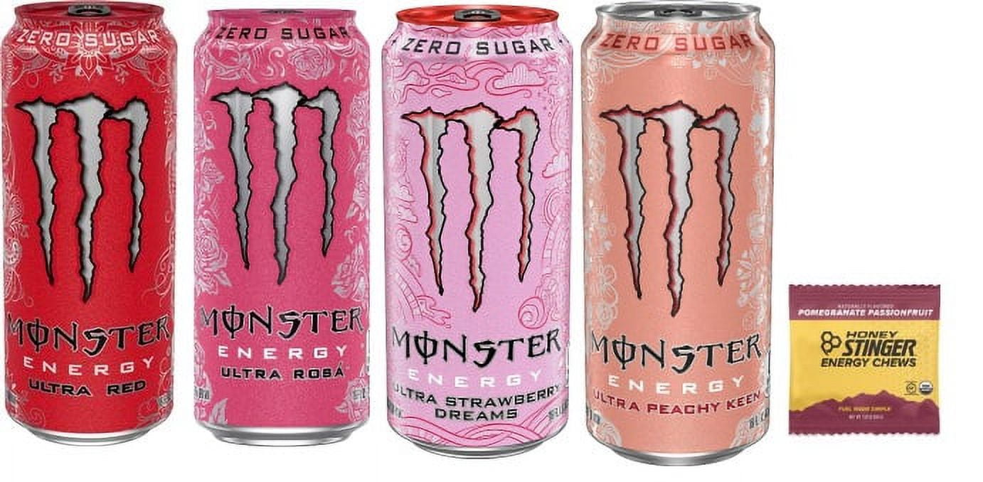 Monster Energy  Zero Ultra Variety  : Ultra Red, Ultra Rosa, Ultra Peachy Keen, Ultra Strawberry Dreams. 16 ounce. (Pack of 16) + Stinger Energy Chews (Assorted)