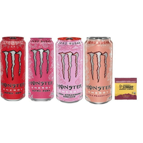 Monster Energy Zero Ultra Variety : Ultra Red, Ultra Rosa, Ultra Peachy Keen, Ultra Strawberry Dreams. 16 ounce. (Pack of 16) + Stinger Energy Chews (Assorted)