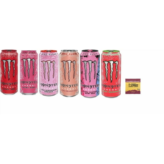 Monster Energy Zero Ultra Variety : Ultra Red, Ultra Rosa, Ultra Peachy Keen, Ultra Strawberry Dreams, Ultra Ruby Red, Ultra Watermelon 16 ounce. (Pack of 12) + Stinger Energy Chews (Assorted)