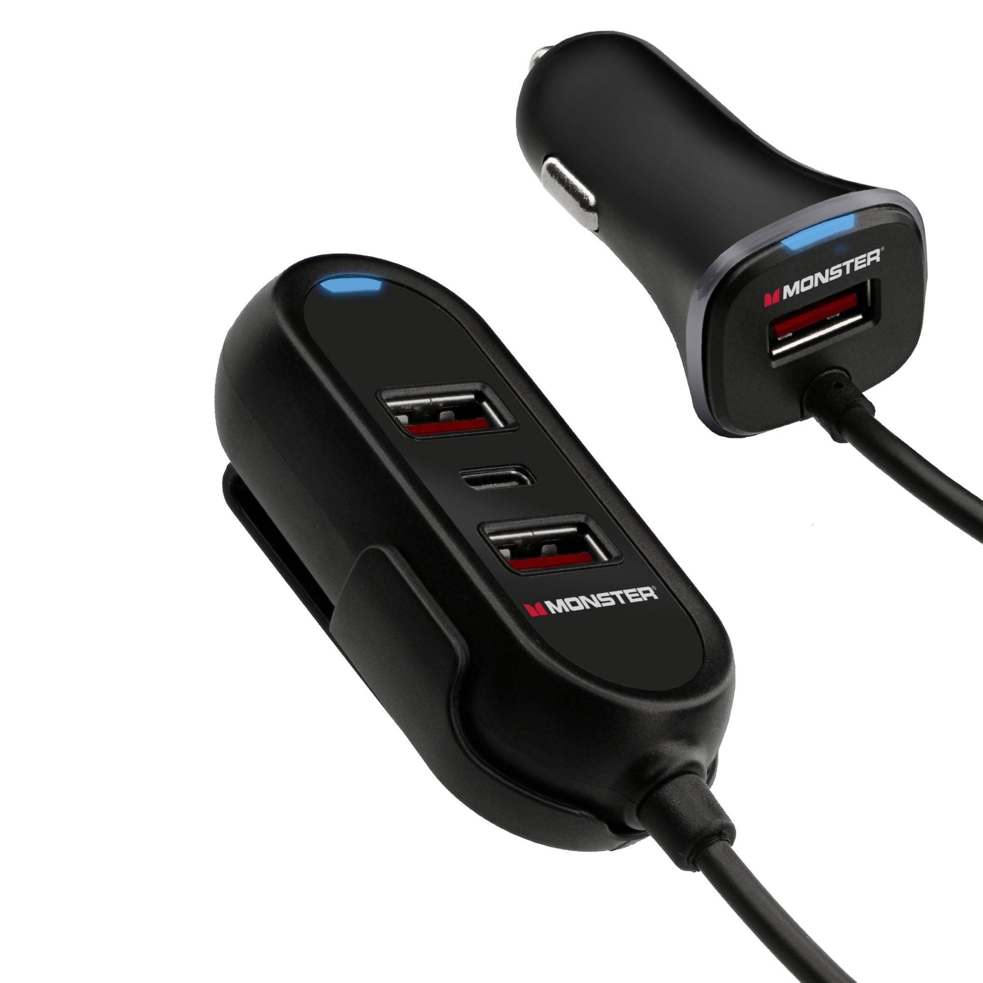 Monster Front Seat Back Seat 4 Port USB Car Charger USB A and Type C PD, Black, 5 ft - Walmart.com