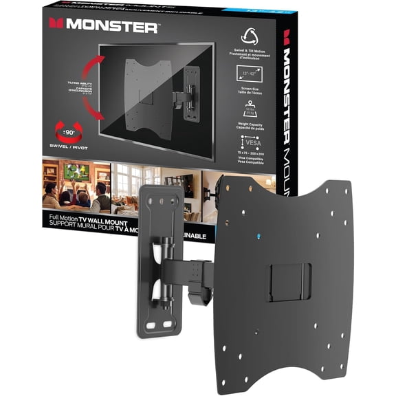 Monster Full Motion TV Mount for 13”-42” TVs up to 55 Lbs., Flat Panel Swivel and Tilt Television Mount, Heavy Gauge Steel Construction, Tilts 5° - -10°, 90° Swivel