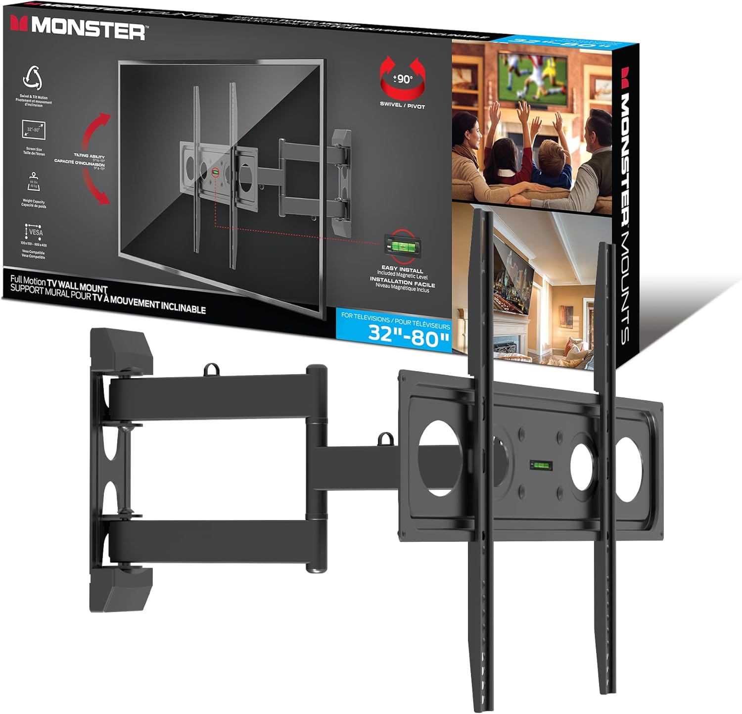 Monster Full Motion TV Mount for 32”-80” TVs up to 88 Lbs., Flat Panel Swivel & Tilt Television Mount, Heavy Gauge Steel Construction, Tilts 5° - -15°, 90° Swivel